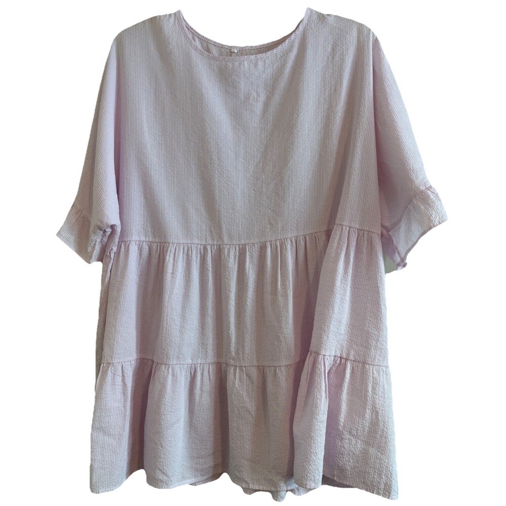 Seersucker Blouse Women's 5XL Pink White Striped Ruffle Tiered Short Sleeve Top